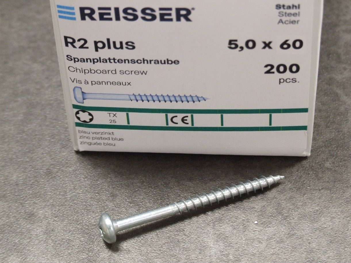 Pan-Head Spanplattenschrauben R2 plus 

TORX, 5x60 mm, TG, blauverzinkt, 022705

