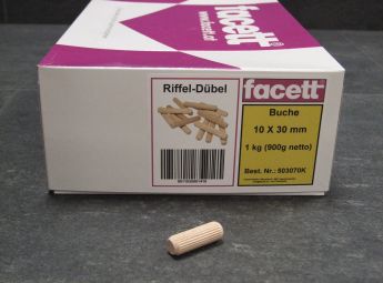 Holzdübel geriffelt, 10x30 mm, Buche,

900 g Nettoeinwaage/Karton, 503070K

