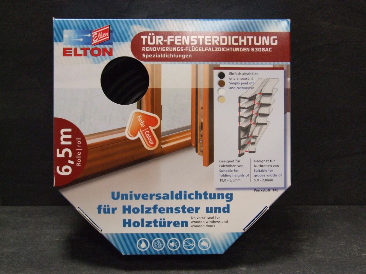 Elton Flügelfalzdichtung 6308 (TPE) schwarz, 

6,5 m/VE, Falzhöhe von 19 bis 6,5 mm; 

Nutbreite von 5 bis 2,8 mm) 6102568

