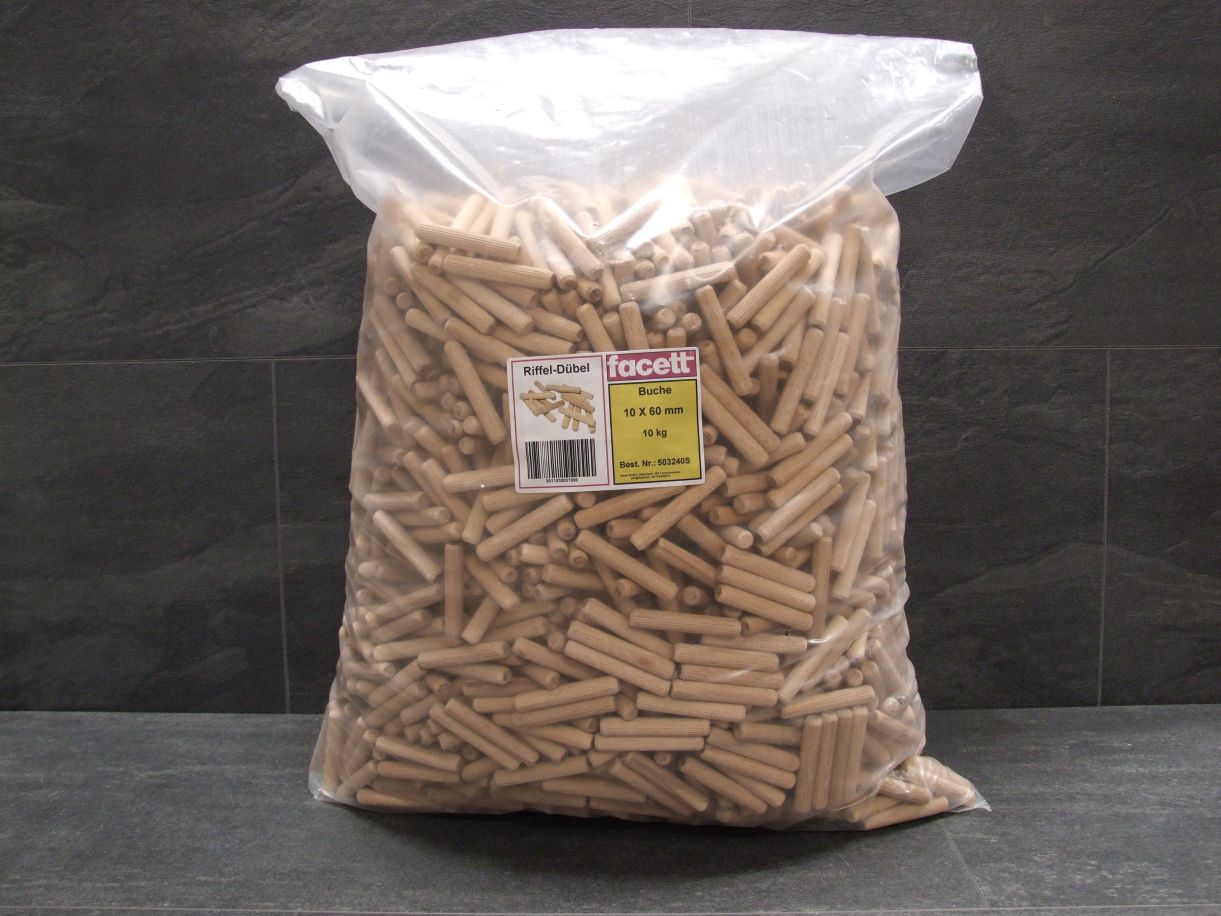 Holzdübel geriffelt, 10x60 mm

Buche, 10-kg-Sack, 503240S

Inhalt: ca. 3000 Stück

