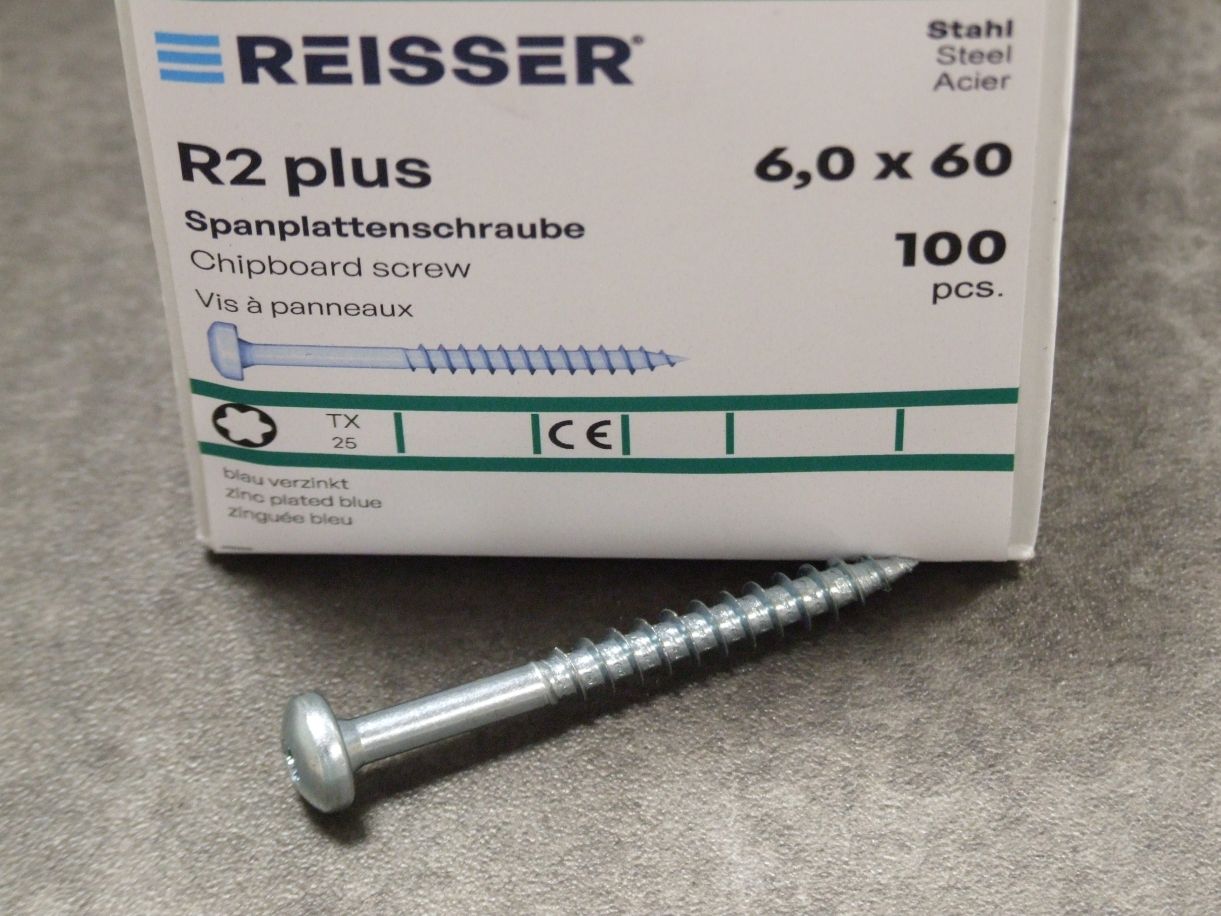Pan-Head Spanplattenschraube R2 plus 

TORX 25, 6x60 mm, TG, blau verzinkt

VE=100 St., 022750

