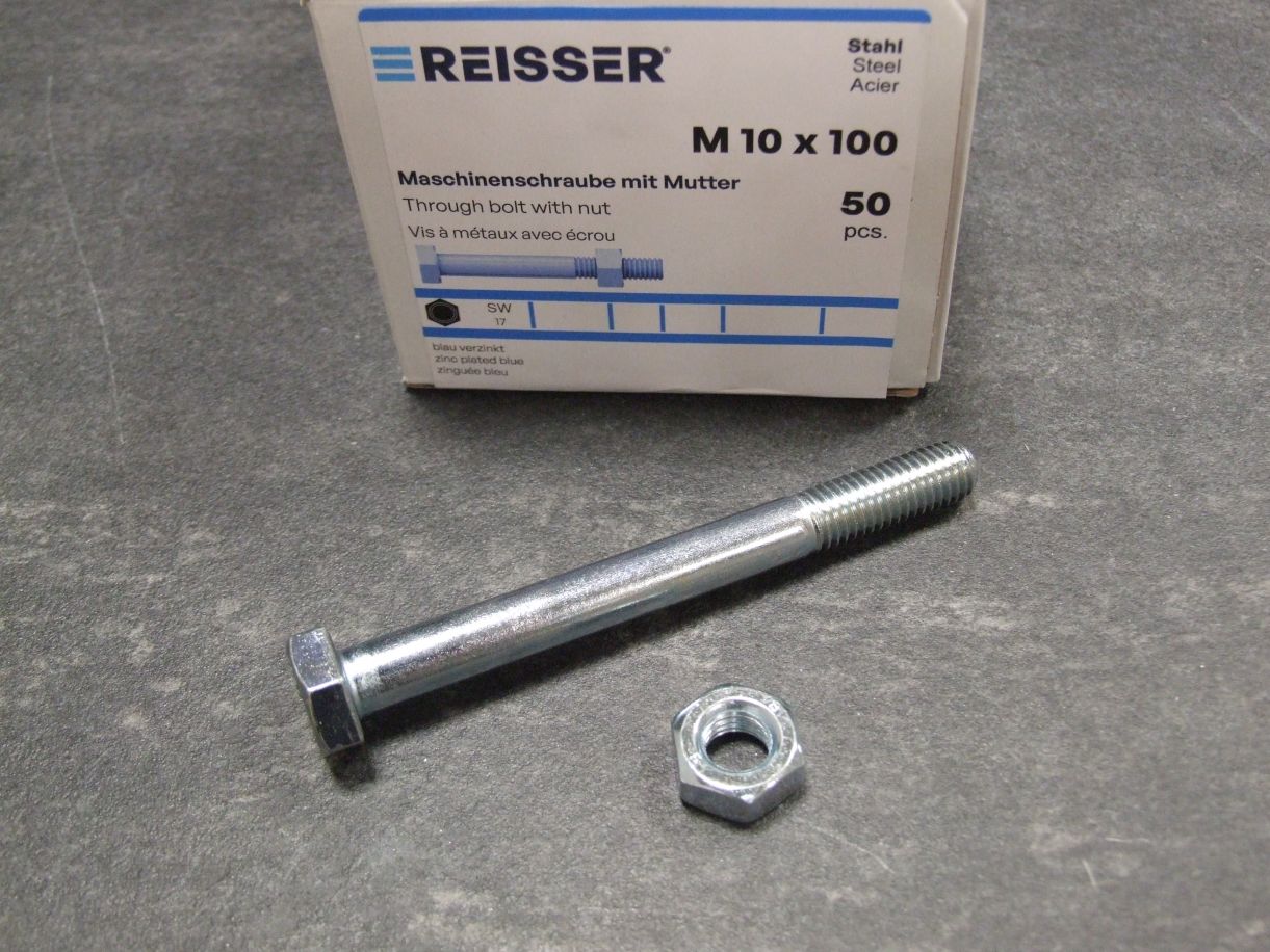 Maschinenschrauben M 601, M 10x100 mm;

Stahl verzinkt blau passiviert, 

50 St./Großpaket, 202886

