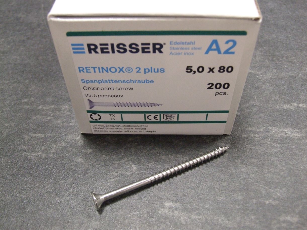 Retinox 2plus Senkkopfschraube 

5x80 mm, TG, Edelstahl A2, Torx,

VE=200 St., 01958/3

