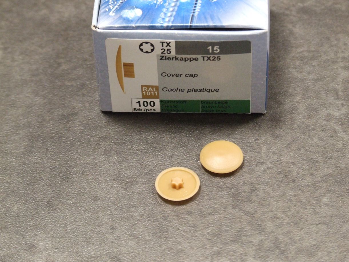 Zierkappen 15 mm, für Schrauben mit 

Torx 25, Kunststoff RAL 1011 braunbeige, 

VE=100 St., 02494/5

