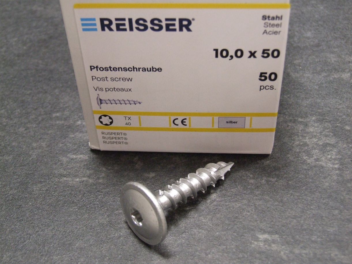 Pfostenträgerschraube Tellerkopf TX, 

10x50 mm, Stahl ruspert silber gleitbeschichtet, 

4005674687645

