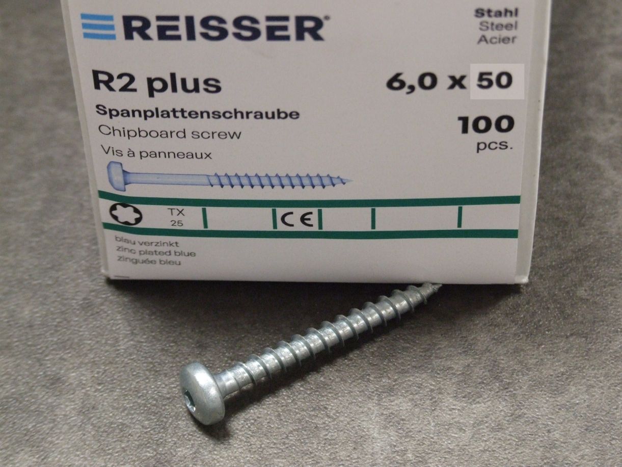 Pan-Head Spanplattenschraube R2 plus TORX, 

6x50, VG, blau verzinkt VE=200 St., 

4005674 022743

