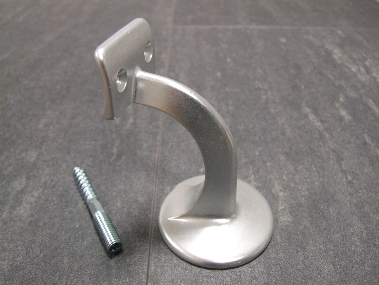 Handlaufhalter gewölbte Auflage 

mit Stockschraube, Aluminium F1, 34.36.0050

Platte Ø 56 mm, Wandabstand 75 mm, 

mit Stockschraube M8x70 mm, mit Dübel

