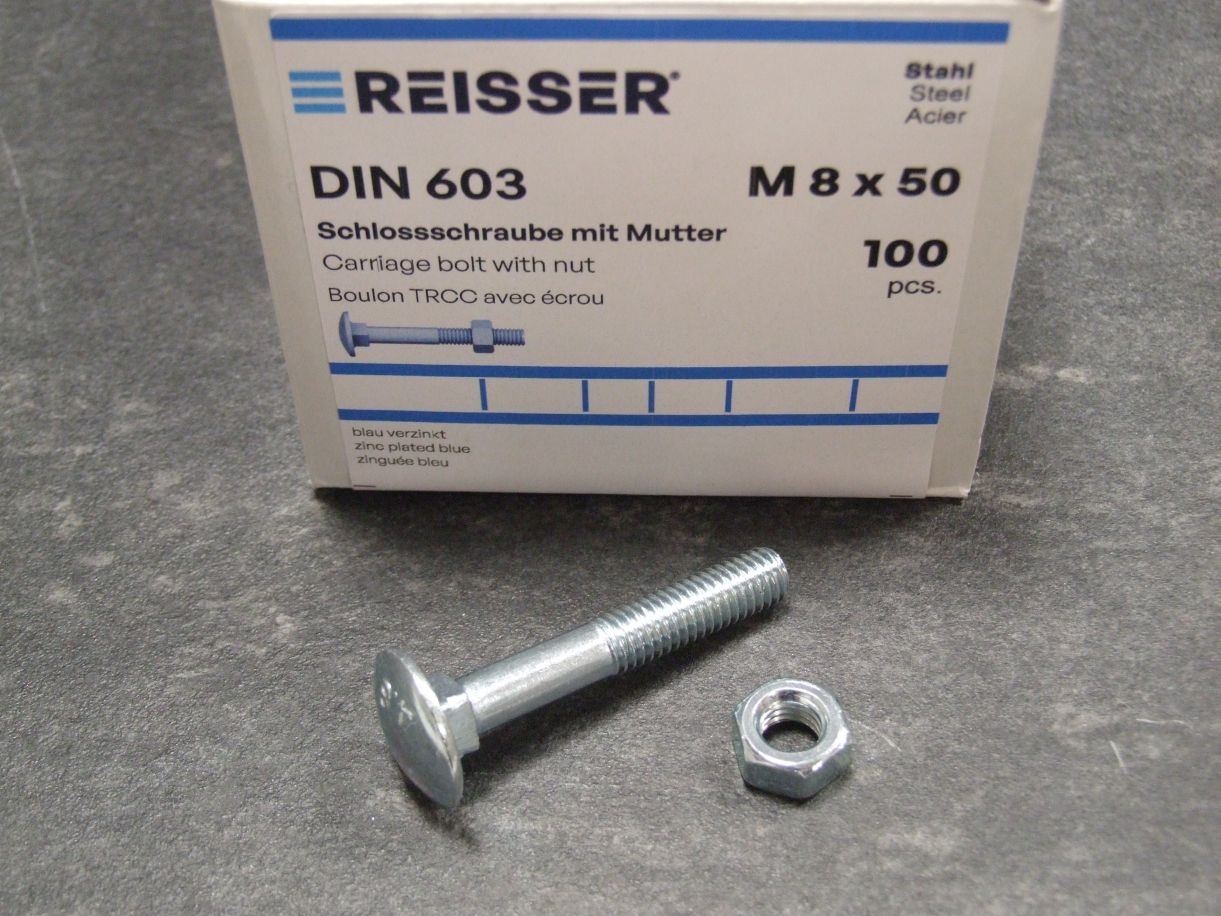 Schloßschrauben DIN 603, 8x50 mm; 

Stahl verzinkt blau passiviert, mit Mutter

100 St./Kleinpaket, 201834

