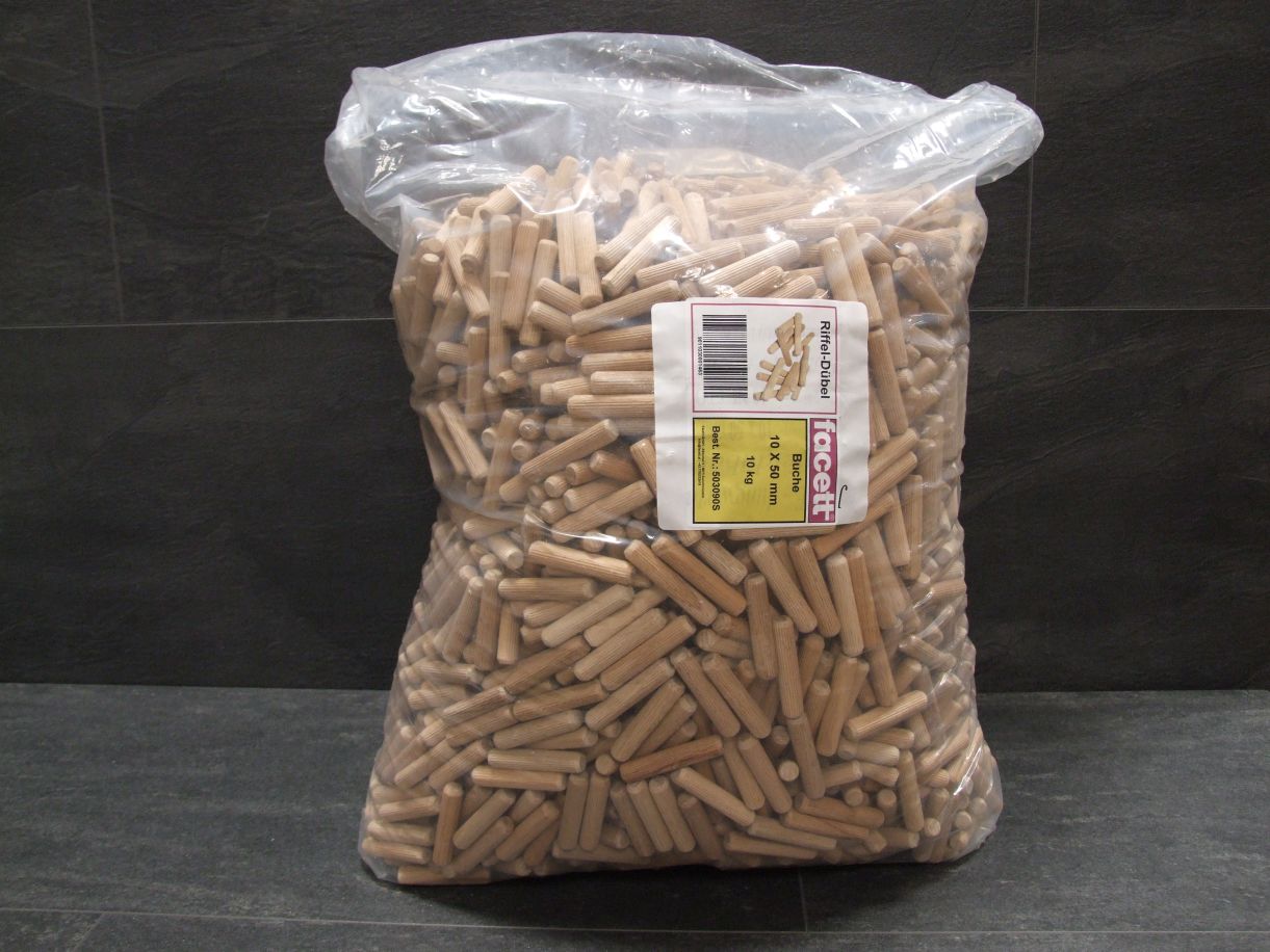 Holzdübel geriffelt, 10x50 mm, Buche, 

10 kg-Sack, 503090S

