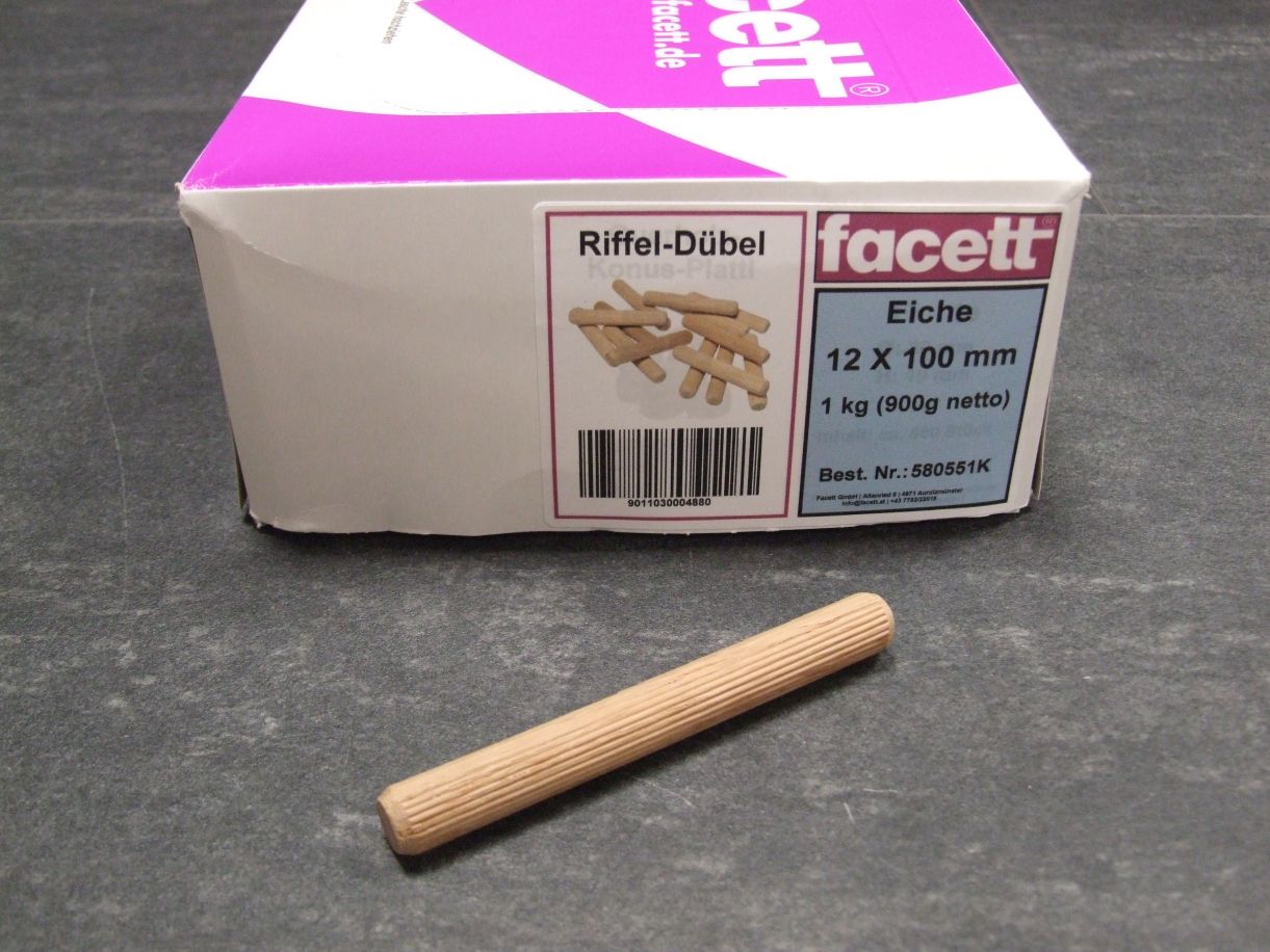 Holzdübel geriffelt, 12x100 mm, Eiche, VE= 900 gr. netto (ca. 119 Stück),580551K


