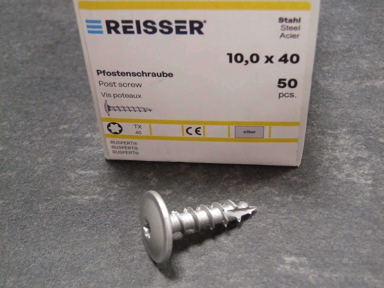 Pfostenträgerschraube Tellerkopf TX, 

10x40 mm, Stahl ruspert silber gleitbeschichtet,

00409-1

