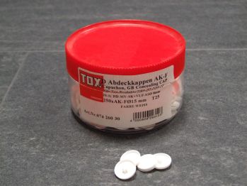 Abdeckkappen weiß Ø15mm,flach, 

f.TX25 Rahmenschrauben ohne Kopf,

074 260 30  (250 St./VE)

