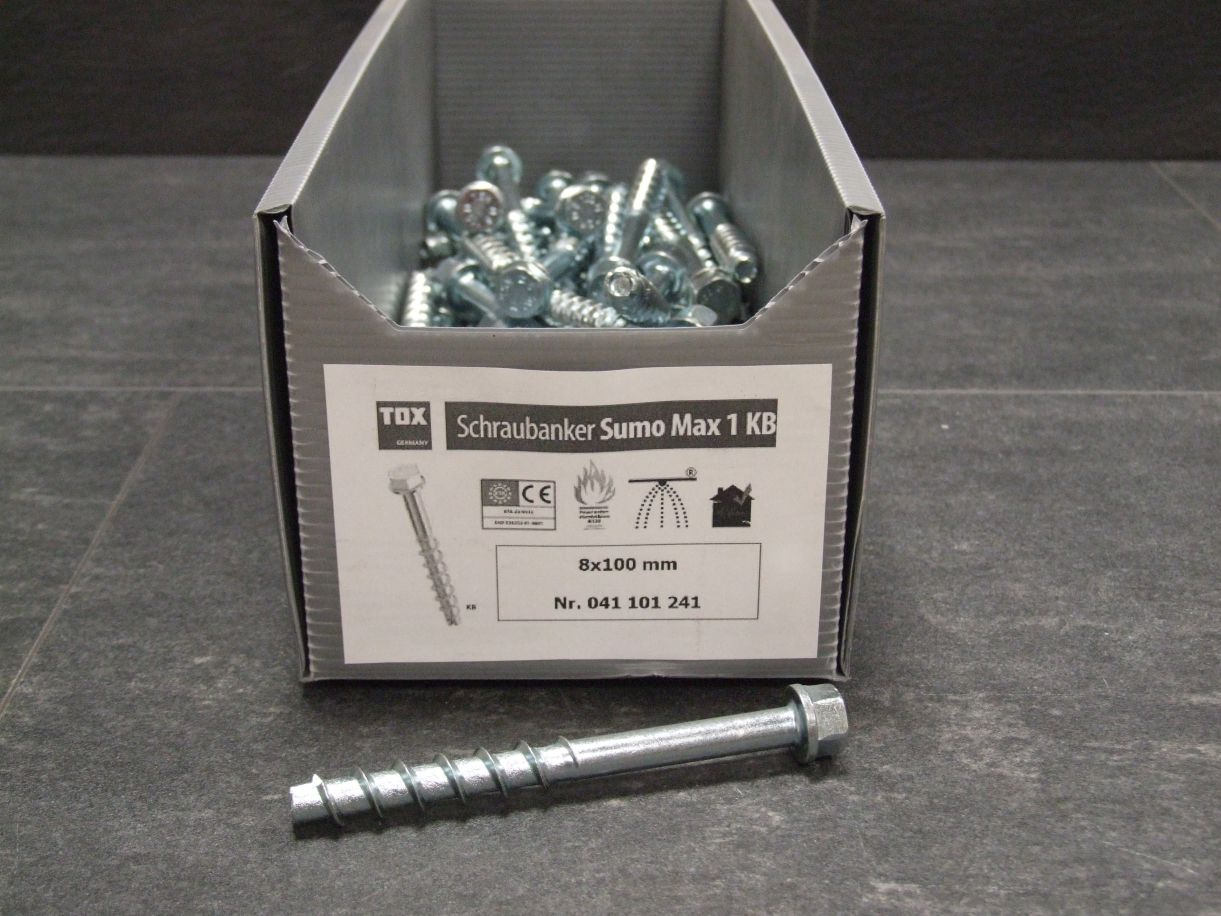 Schraubanker Sumo Max 1 KB, 8x100 mm, 

verzinkt, ETA-22/0332, 

Feuerwiderstandsklasse R120, 041 101 241

