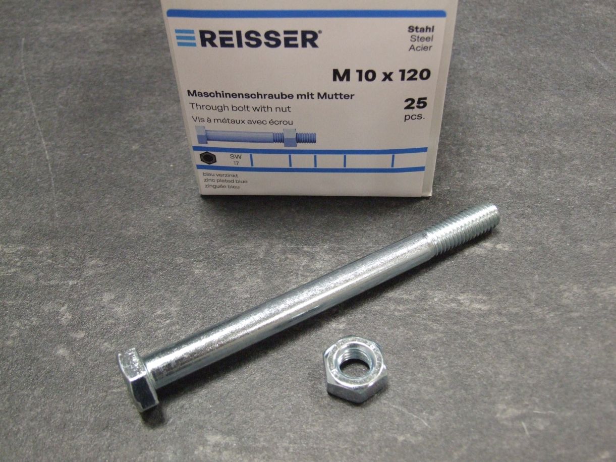 Maschinenschrauben RN M601, M10x120 mm, 

Stahl verzinkt blau passiviert, mit Mutter,

25 St./Kleinpaket, 202893

