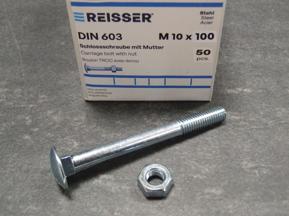 Schloßschrauben DIN 603, 10x100 mm; TG, 

Stahl verzinkt blau passiviert, 50 St./VE,

4005674202473

