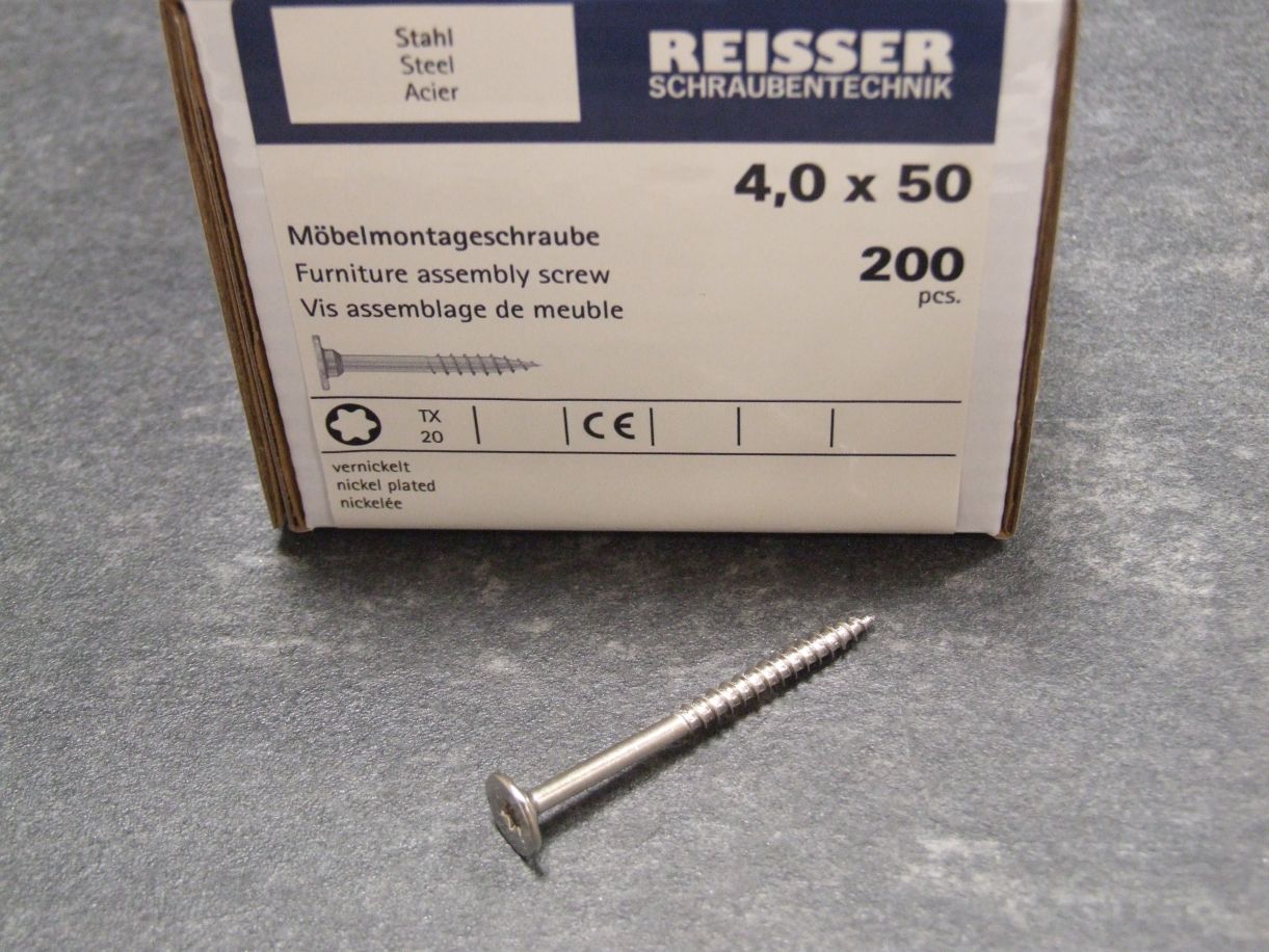 Möbel-Montageschraube 4,0x50 mm, TG, 

glänzend vernickelt, VE=200 St., 532945


