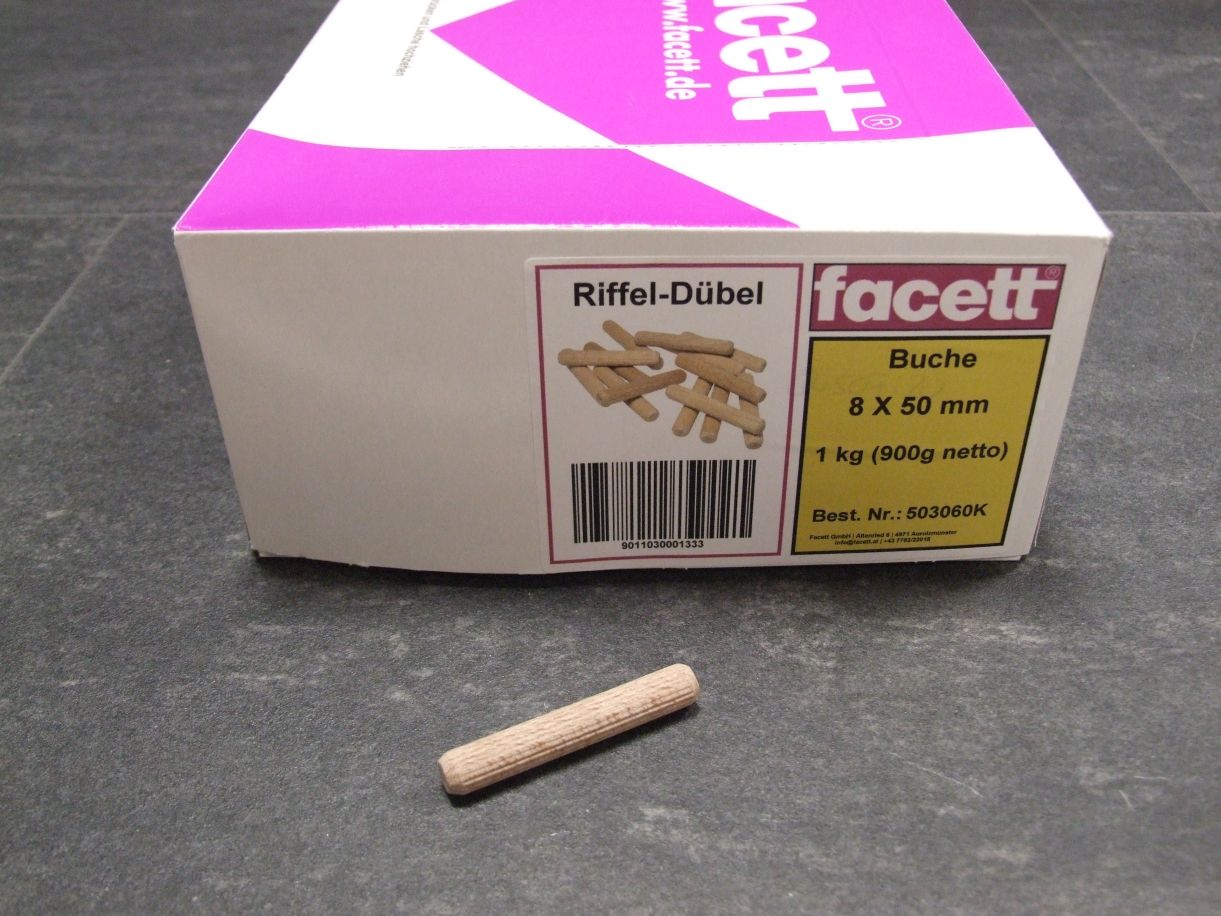 Holzdübel geriffelt, 8x50 mm, Buche, 

900 g Nettoeinwaage/Karton, 503060

