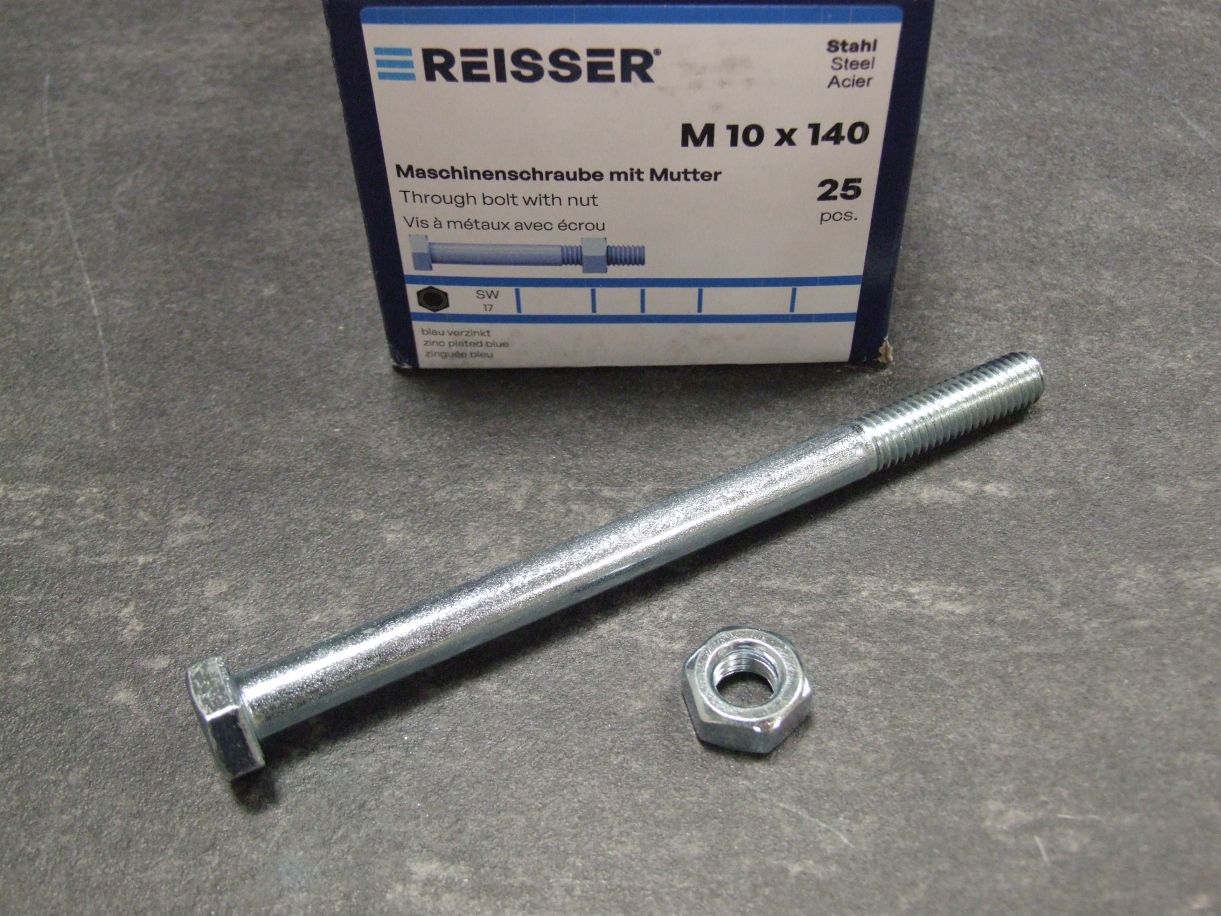 Maschinenschrauben M 601, M 10x140 mm;

Stahl verzinkt blau passiviert, mit Mutter, 

820595

