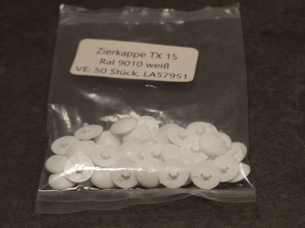 Zierkappen 12 mm, für Schrauben Torx 15, 

Kunststoff RAL 9010 reinweiß, 50 Stk./VE, LA57951



