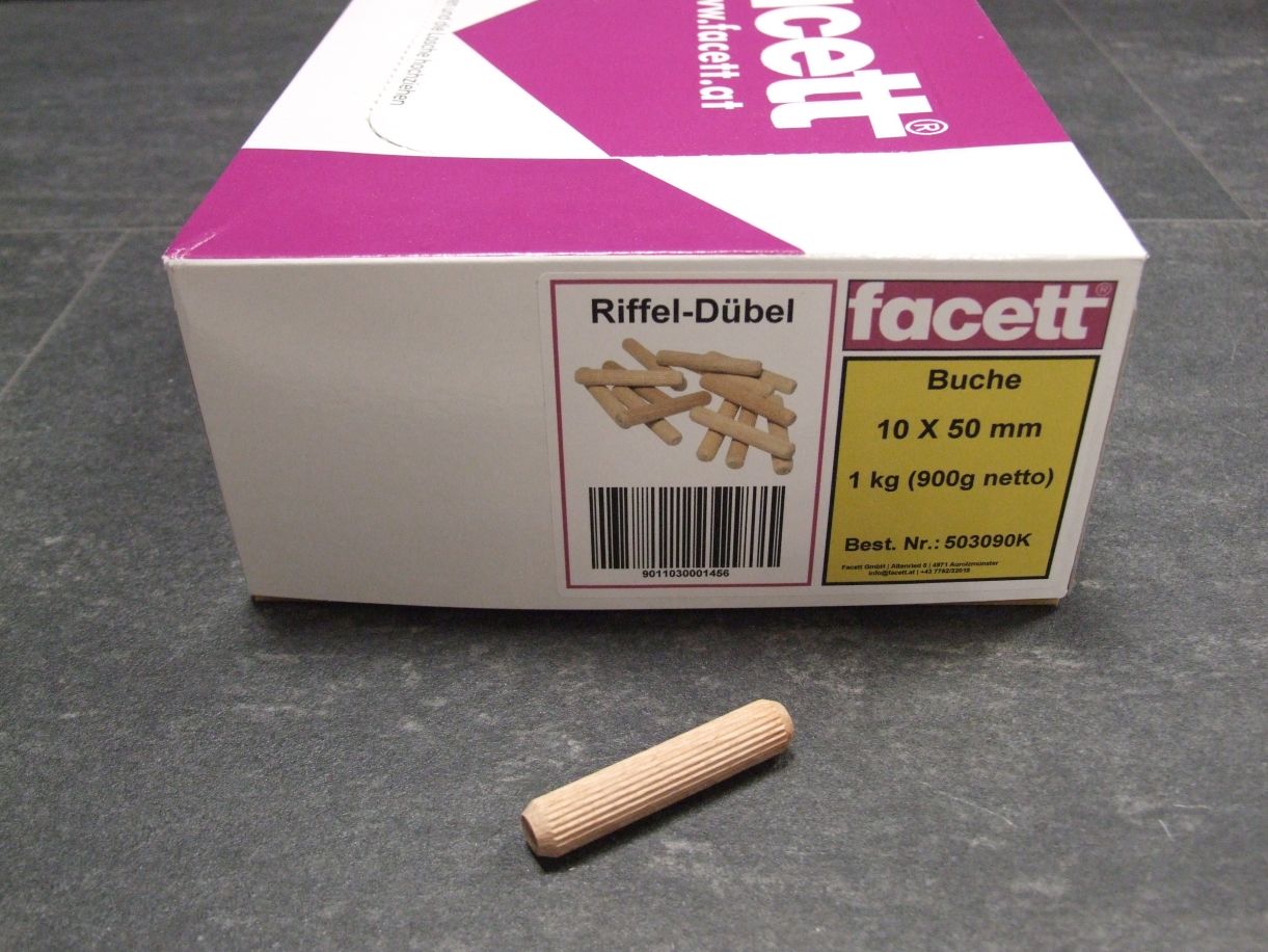 Holzdübel geriffelt, 10x50 mm, Buche, 

900 g Nettoeinwaage/Karton, 503090

