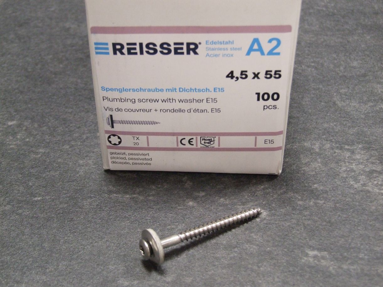 Spenglerschraube mit 15 mm Dichtscheibe, 

4,5x55 mm, Edelstahl A2, TX20, 

VE=100 Stück, 4005674475563

