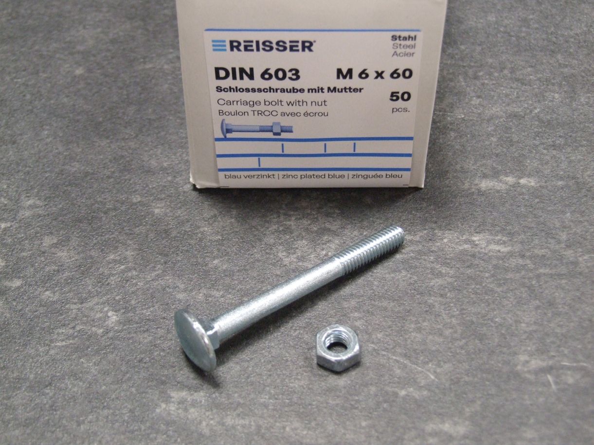 Schloßschrauben DIN 603, 6x60 mm; 

Stahl verzinkt blau passiviert, VE=50 St.,;  

200783



