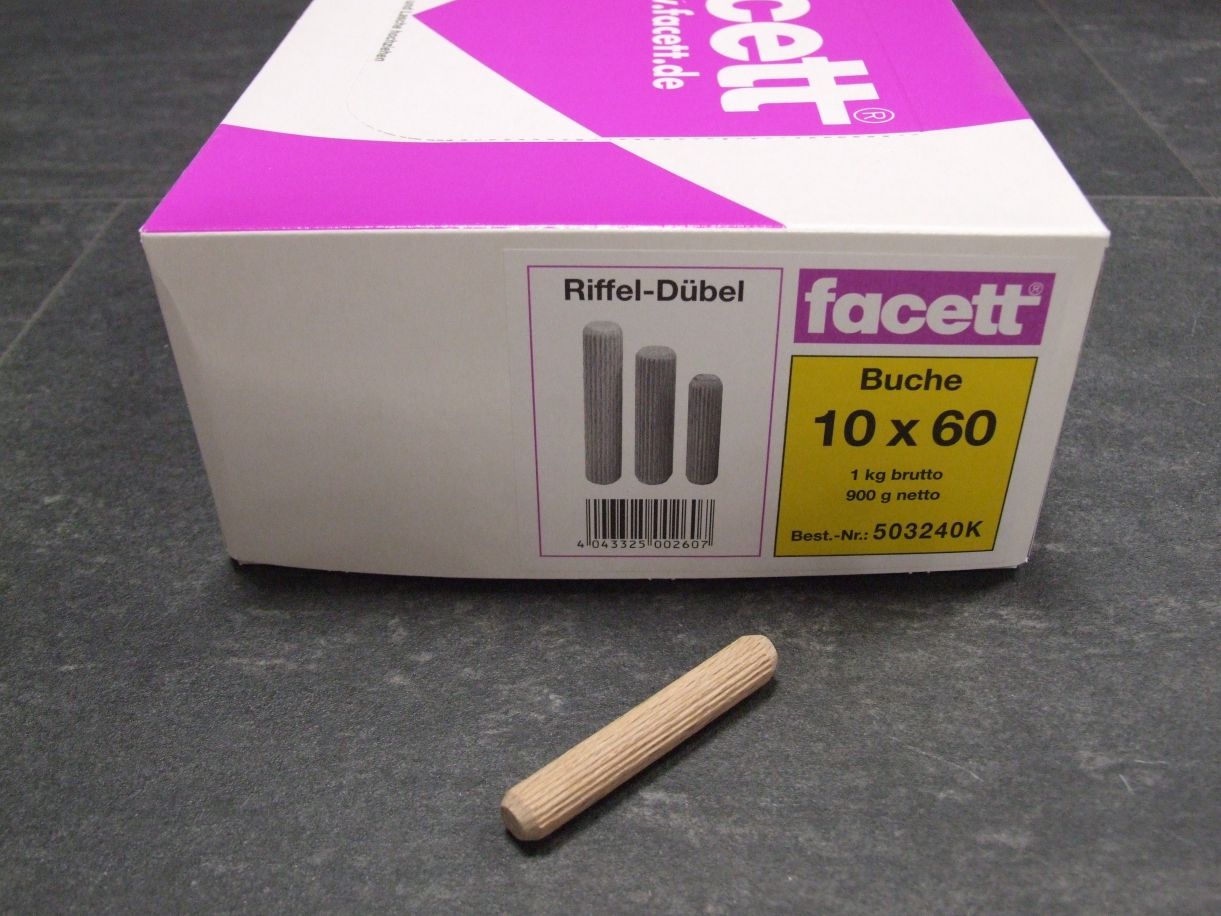 Holzdübel geriffelt, 10x60 mm, Buche, 

900 g Nettoeinwaage/Karton, 503240

