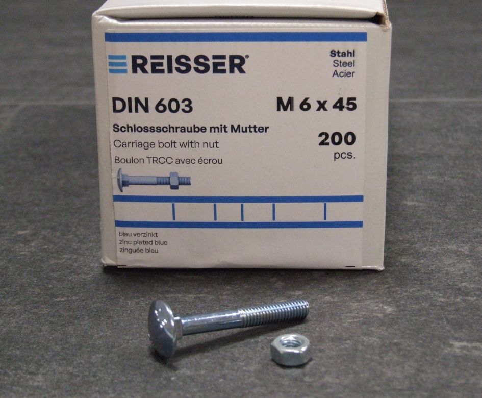 Schloßschrauben DIN 603, 6x45 mm; 

Stahl verzinkt blau passiviert; mit Mutter,

200 St./Kleinpaket, 200554

