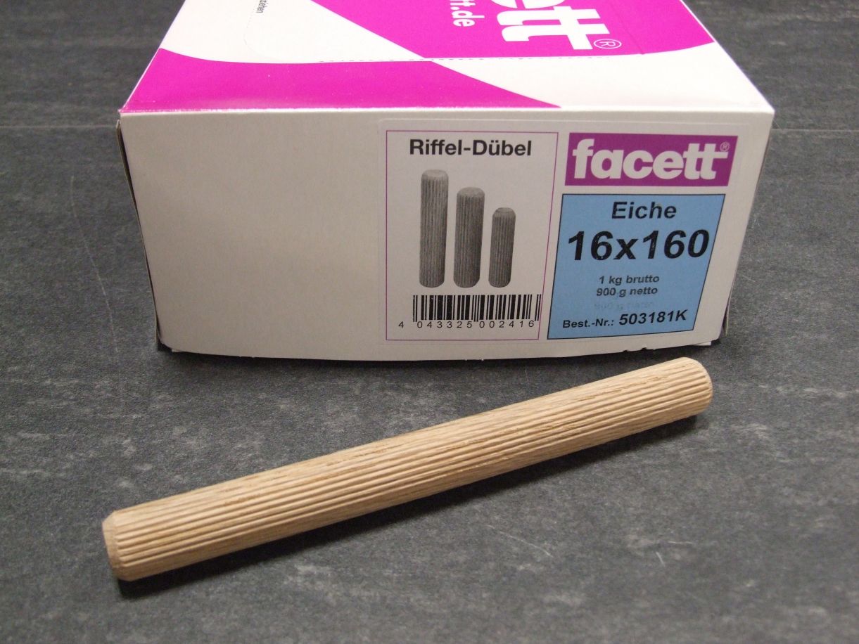 Holzdübel geriffelt, 16x160 mm, Eiche, 

900 g. Nettoeinwaage/Karton, 

(= ca. 43 Stück) 503181

