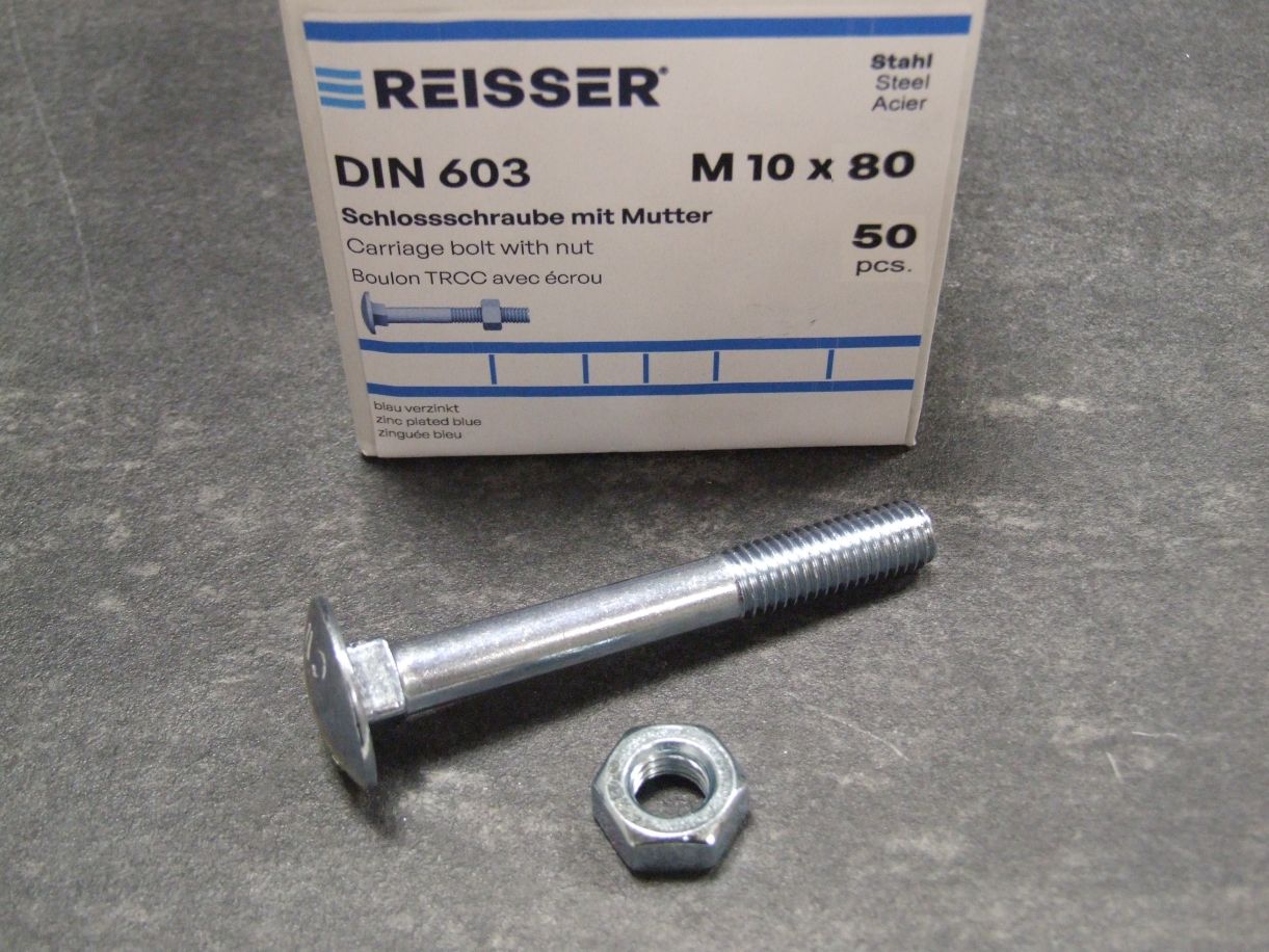 Schloßschrauben DIN 603, 10x80 mm; TG, 

Stahl verzinkt blau passiviert, 50 St./VE, 

4005674202459

