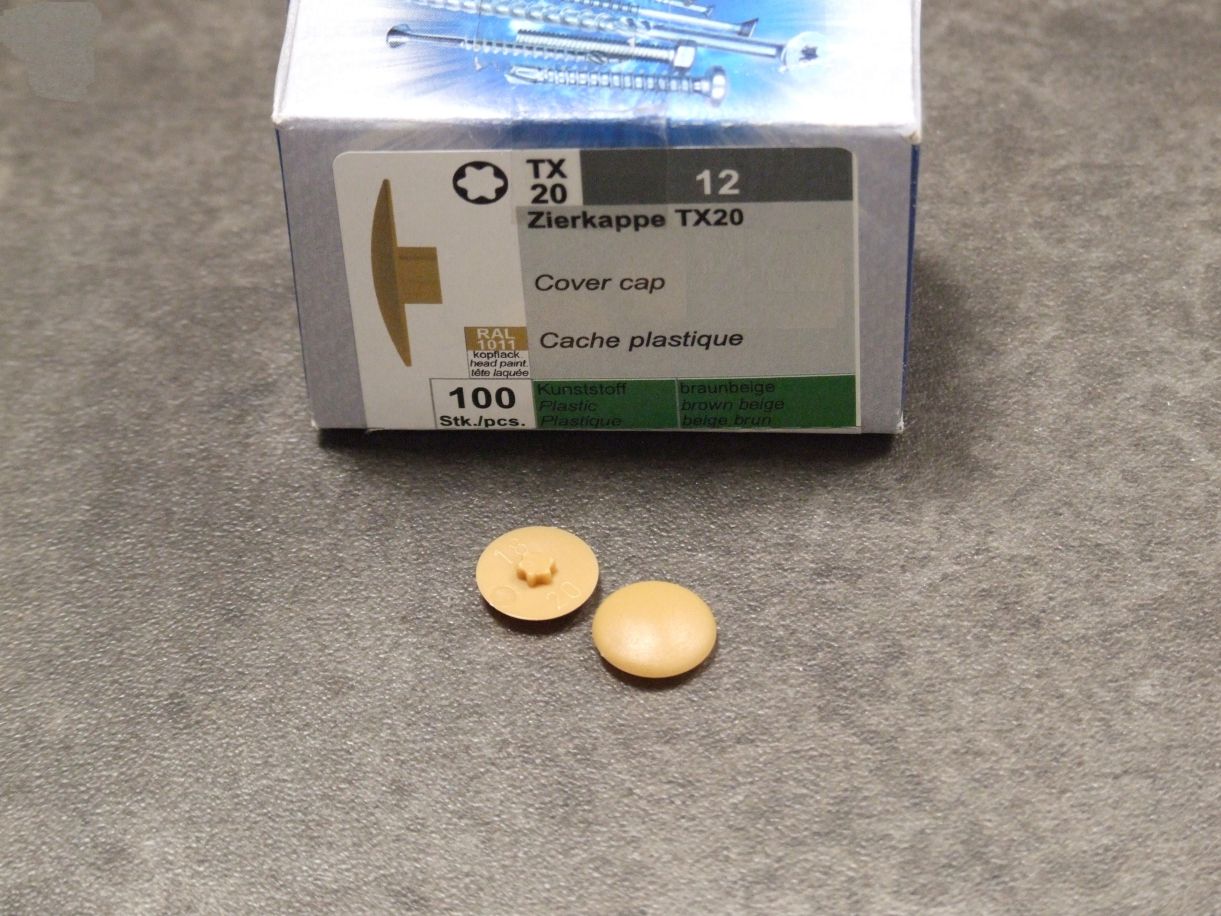 Zierkappen 12 mm, für Schrauben mit Torx 20 

Kunststoff RAL 1011 braunbeige, VE=100 St.,

4005674712187

