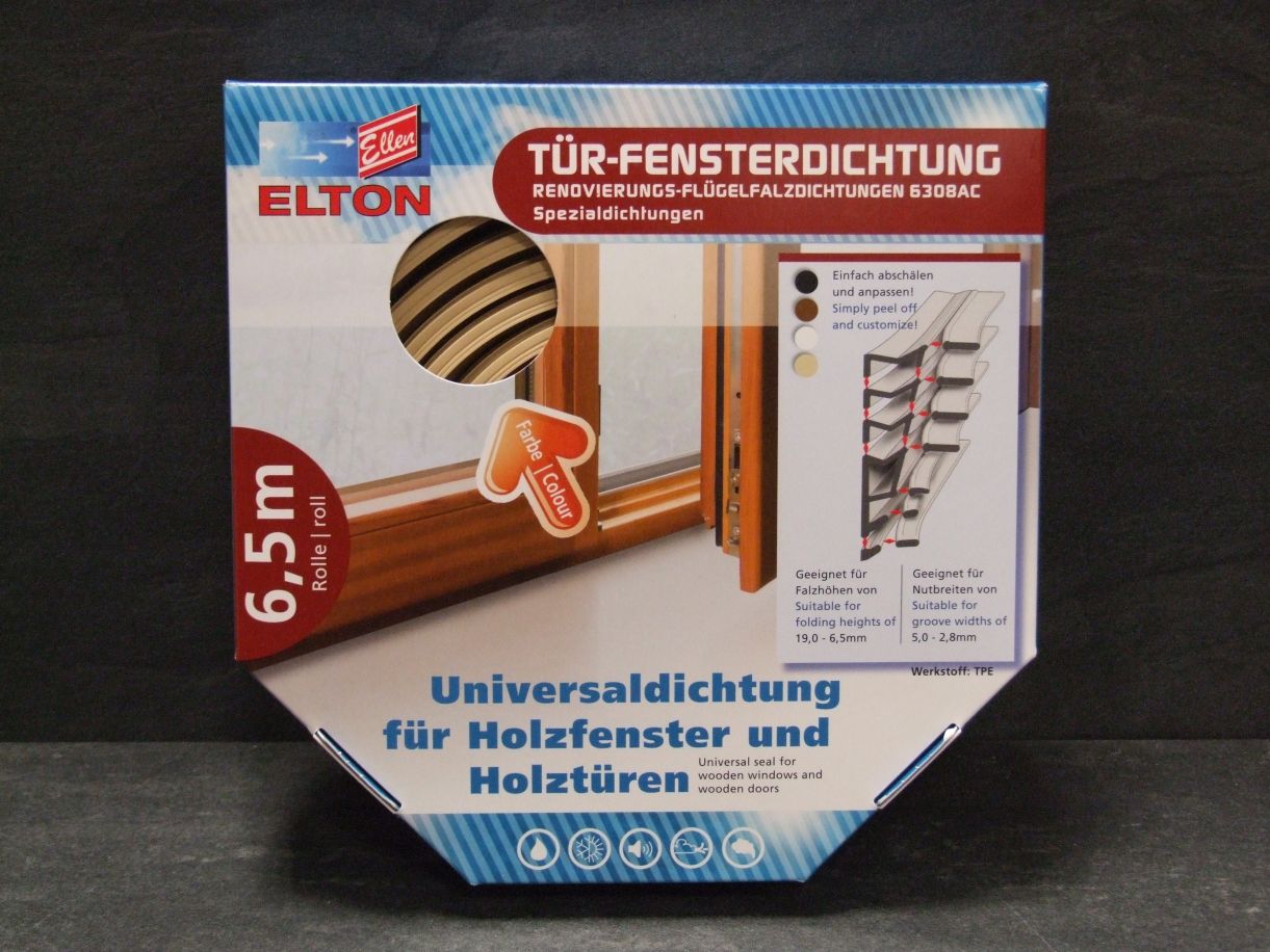 Elton Flügelfalzdichtung 6308 (TPE) 

beige, 6,5 m/VE, Falzhöhe von 19 bis 6,5 mm

Nutbreite von 5 bis 2,8 mm, 6102571

