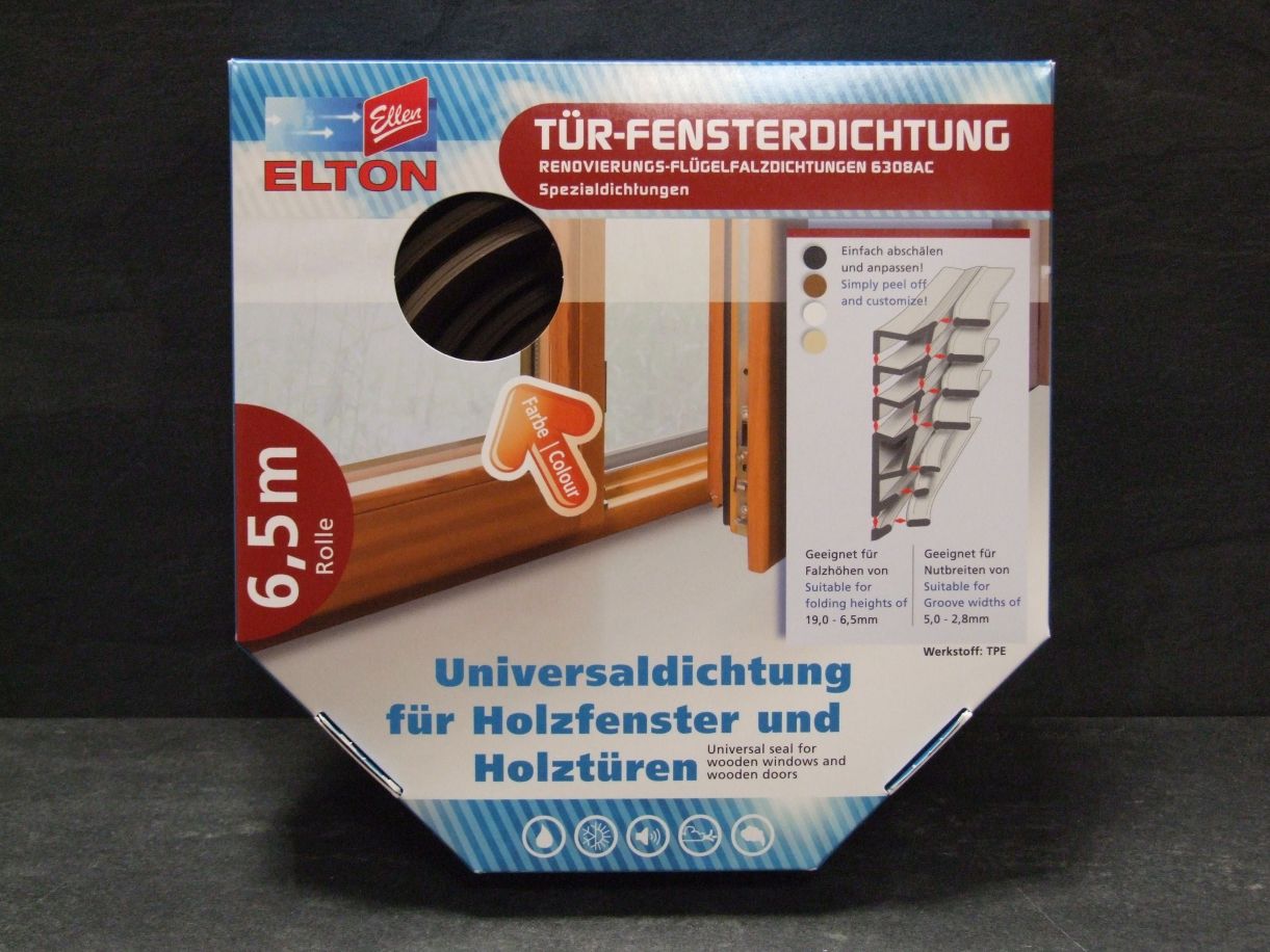 Elton Flügelfalzdichtung 6308 (TPE) 

dunkelbraun, 6,5 m/VE, 

Falzhöhe von19 bis 6,5 mm, Nutbreite

von 5 bis 2,8 mm, 6102569

